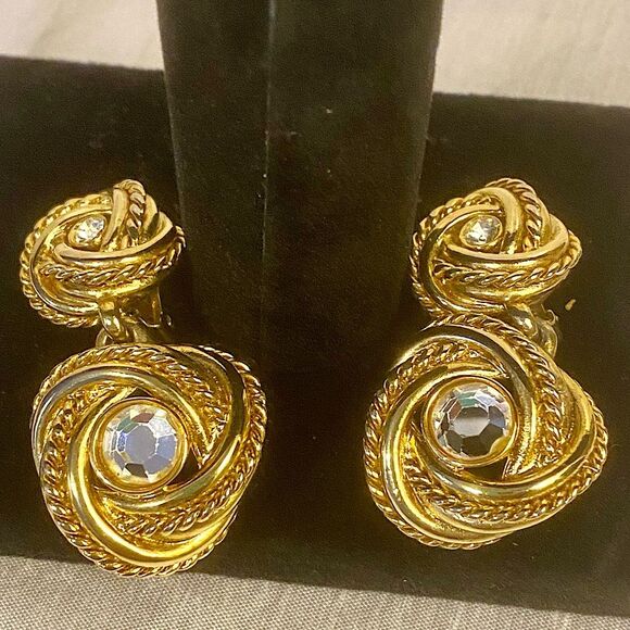 Vtg Swirl Rope Gold Rhinestone Inlay Door Knocker Clip On Earrings Gold Tone - Picture 1 of 4